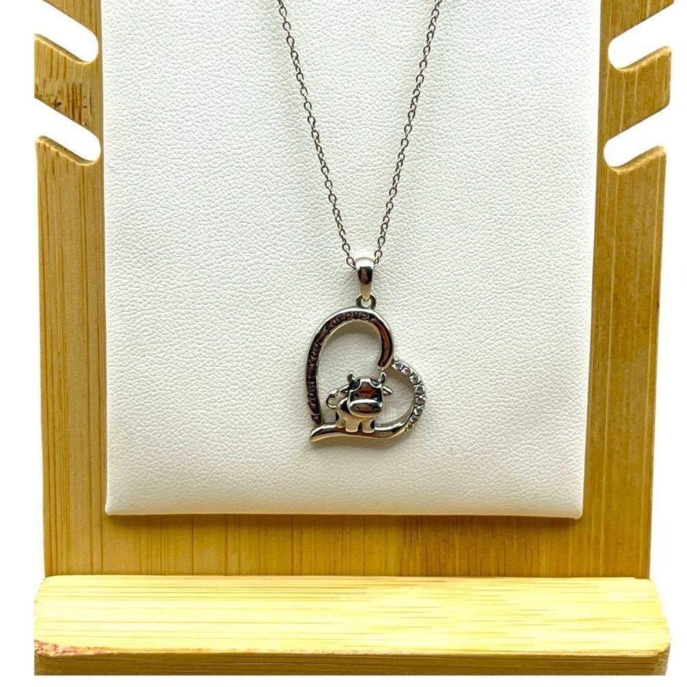 WOMEN'S STERLING SILVER COW PENDANT & NECKLACE "I LOVE YOU FOREVER"